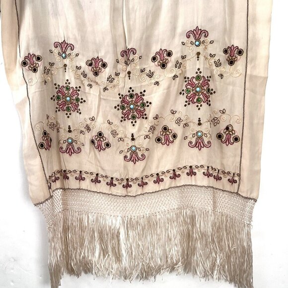 Vintage Silk Embroidered Beaded Scarf Shawl Stole Wrap Fringe Beige Soft 104x26” - Picture 5 of 16